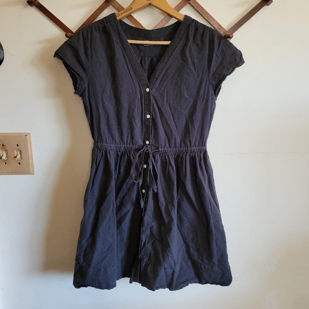 Gap Mini Dress Linen Cotton Button Front Pockets Black Small Petite